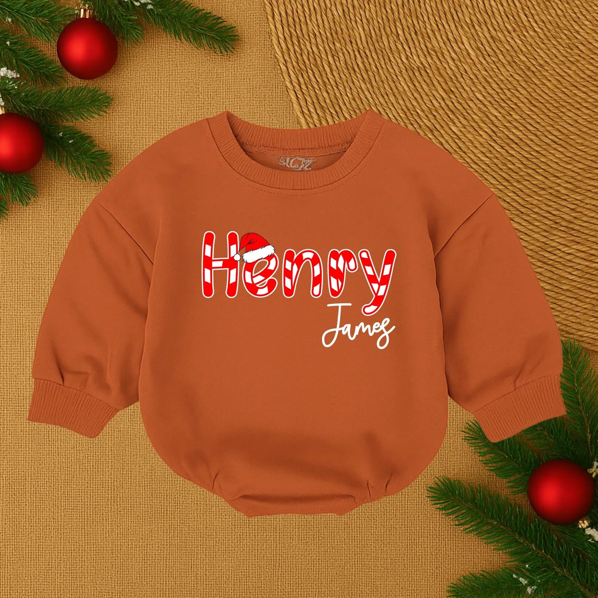 Henry James Custom Christmas Baby Outfit Candy Cane Santa Hat Script Name Infant Bubble Romper Holiday Baby Boy Girl Clothes