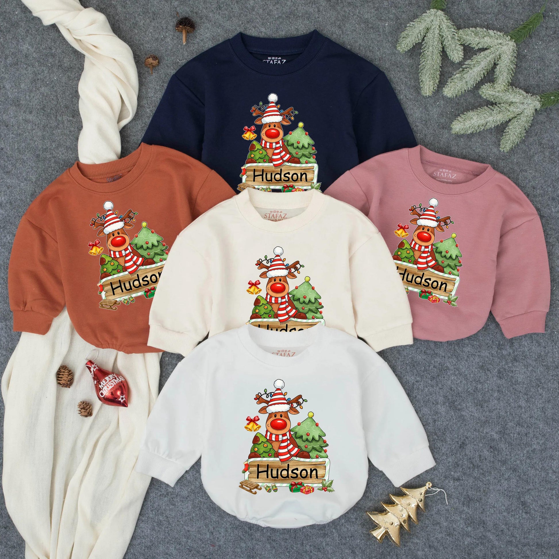 Personalized Reindeer "Hudson" First Christmas Baby Bubble Romper Infant Clothes Toddler Holiday Sweatshirt Newborn Christmas Gift