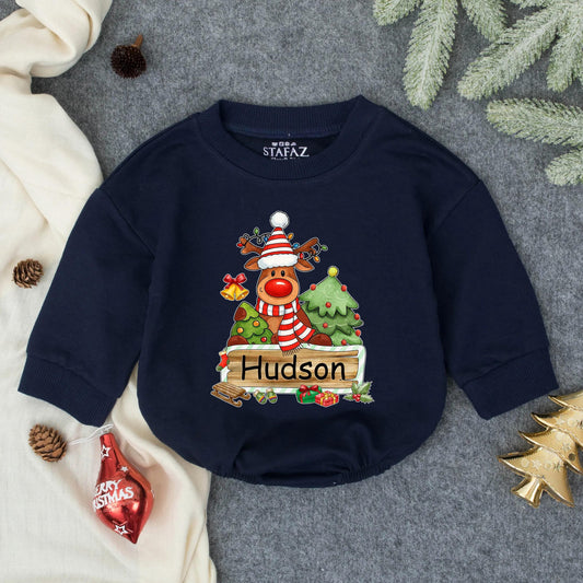 Personalized Reindeer "Hudson" First Christmas Baby Bubble Romper Infant Clothes Toddler Holiday Sweatshirt Newborn Christmas Gift