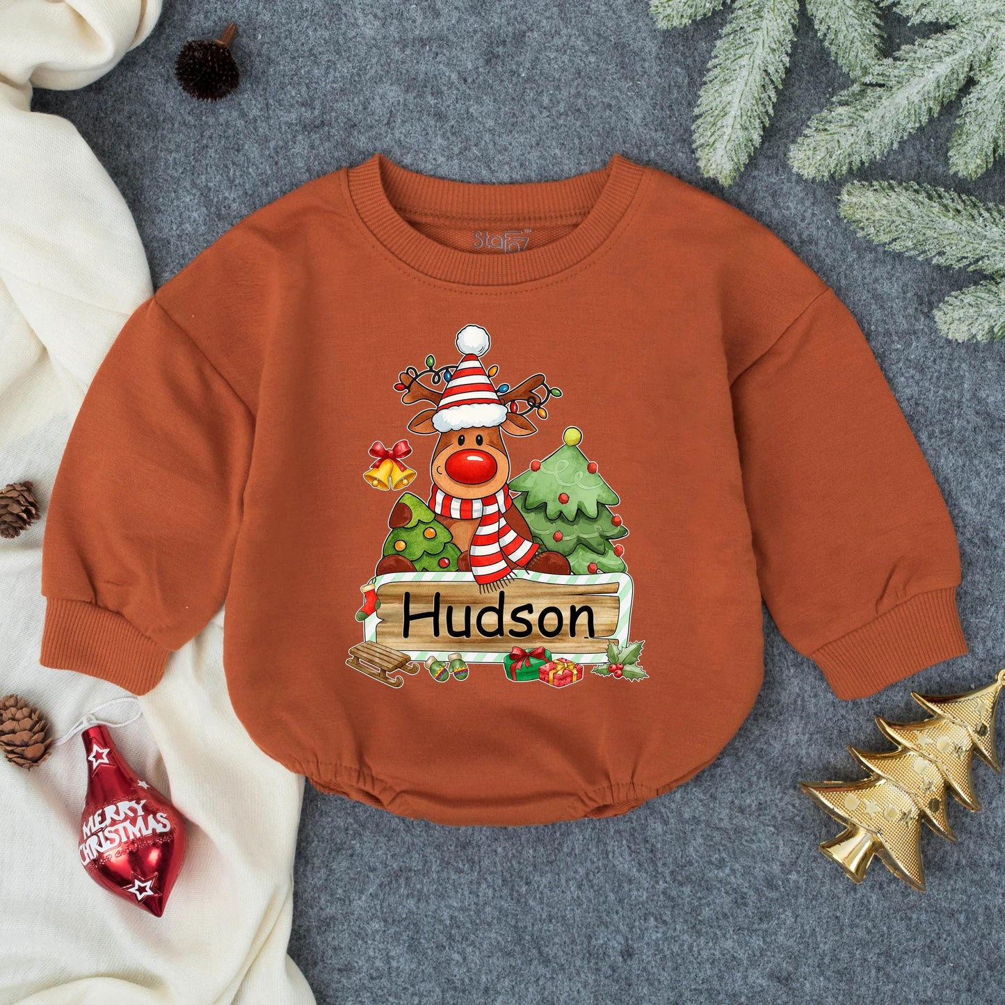 Personalized Reindeer "Hudson" First Christmas Baby Bubble Romper Infant Clothes Toddler Holiday Sweatshirt Newborn Christmas Gift