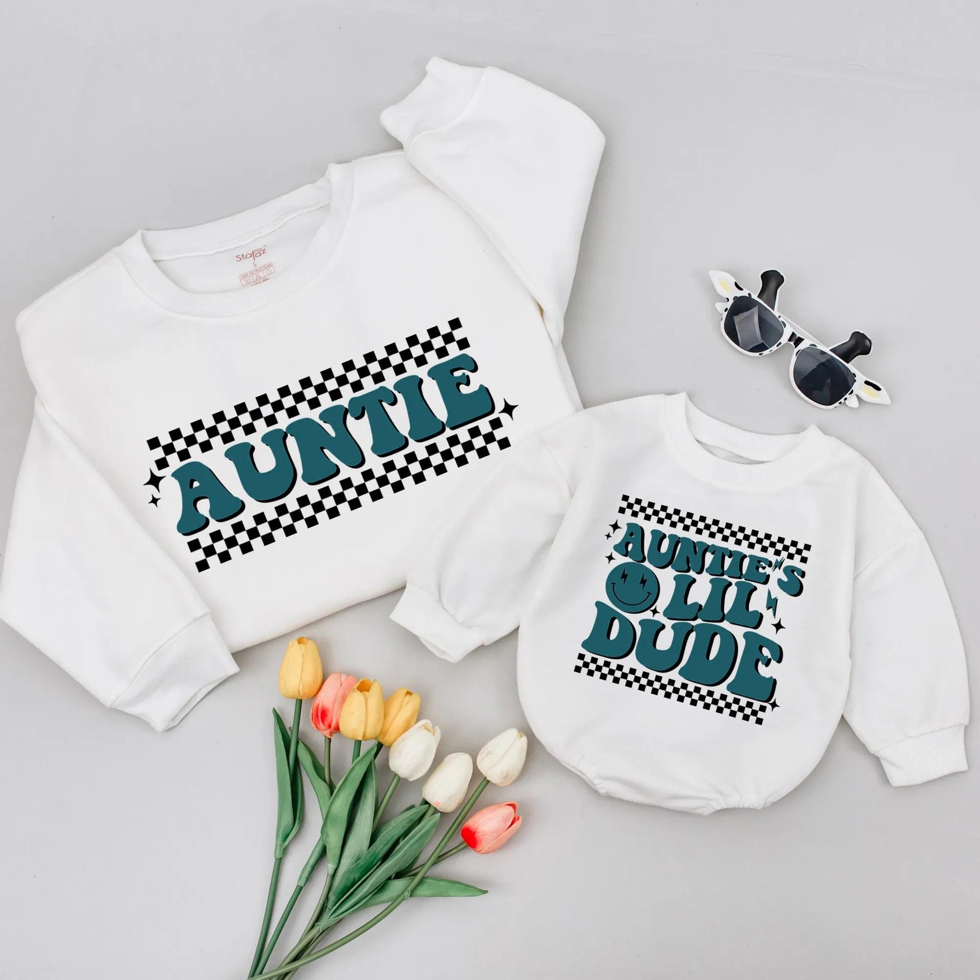 Retro Auntie's Lil Dude Sweatshirt Sweet Auntie Gift Vintage Blue Checkered Family Vibes Baby Toddler Newborn Birthday Outfit