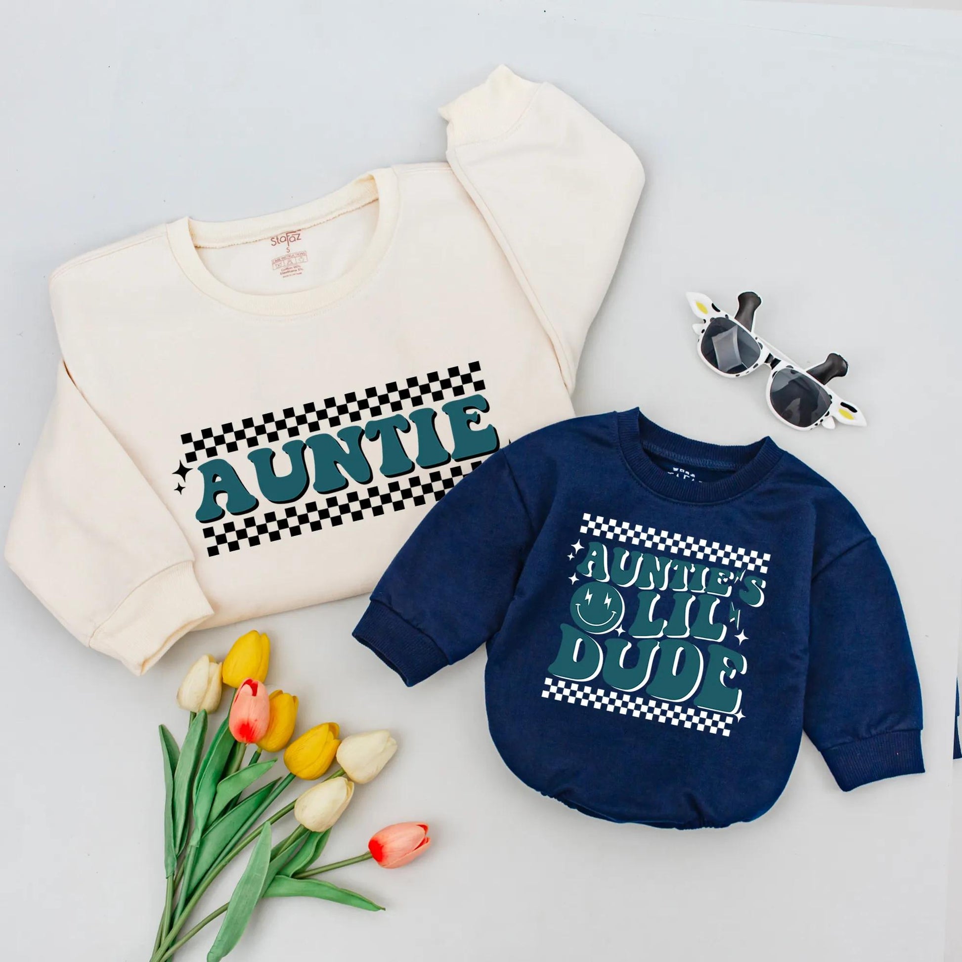 Retro Auntie's Lil Dude Sweatshirt Sweet Auntie Gift Vintage Blue Checkered Family Vibes Baby Toddler Newborn Birthday Outfit