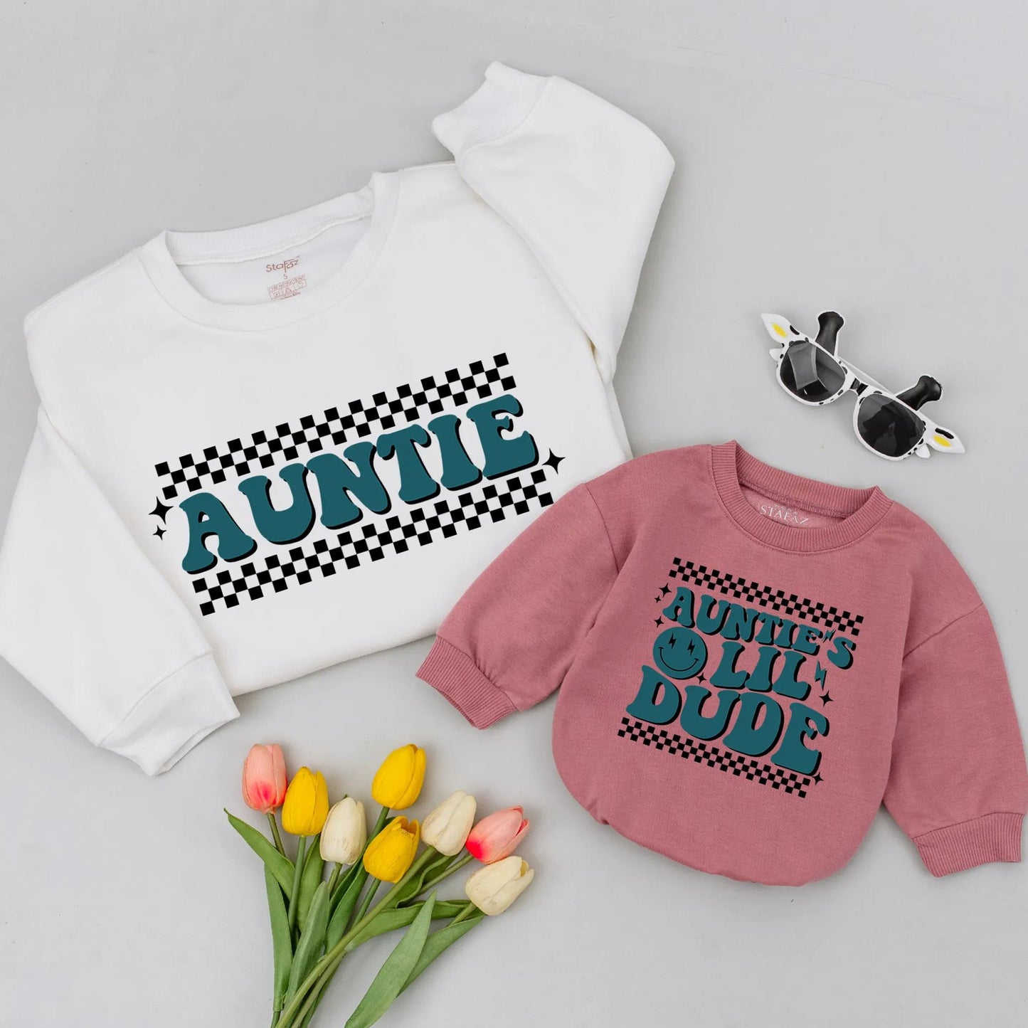 Retro Auntie's Lil Dude Sweatshirt Sweet Auntie Gift Vintage Blue Checkered Family Vibes Baby Toddler Newborn Birthday Outfit