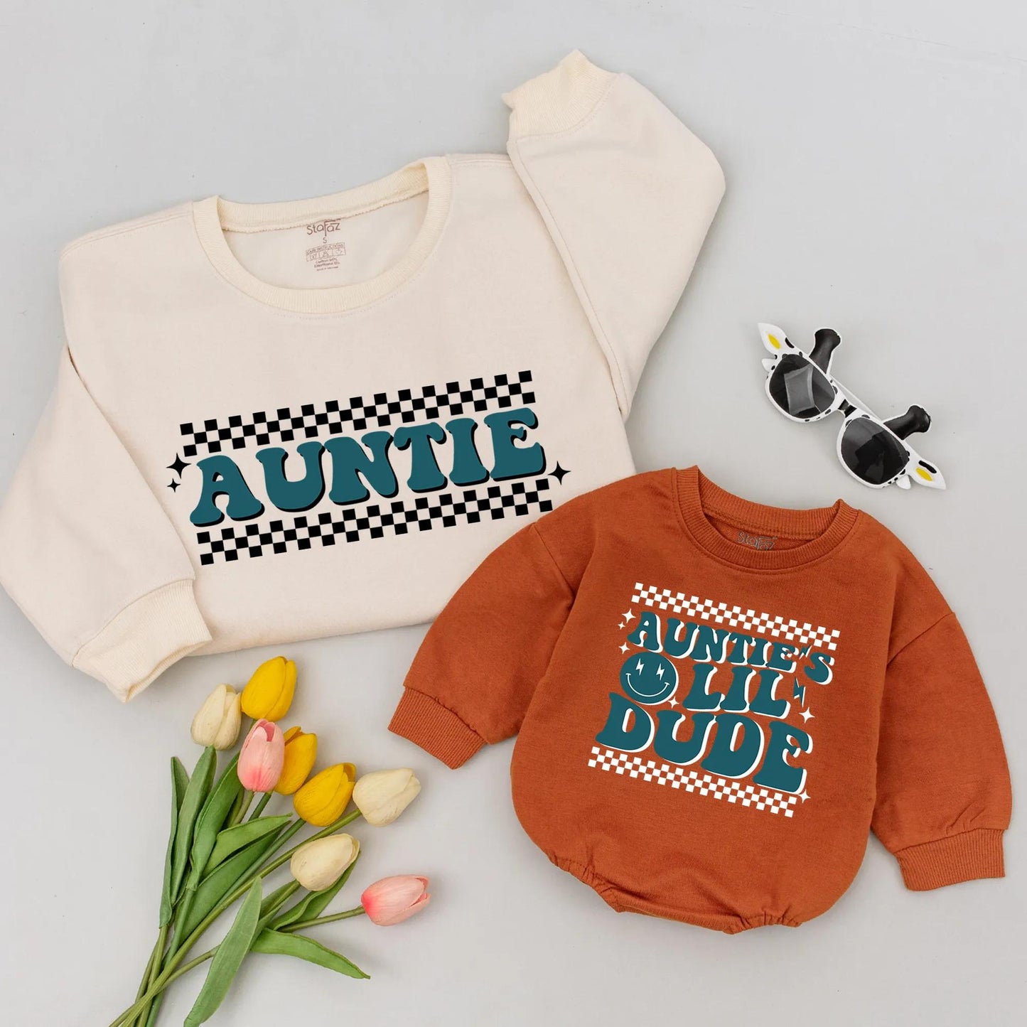 Retro Auntie's Lil Dude Sweatshirt Sweet Auntie Gift Vintage Blue Checkered Family Vibes Baby Toddler Newborn Birthday Outfit