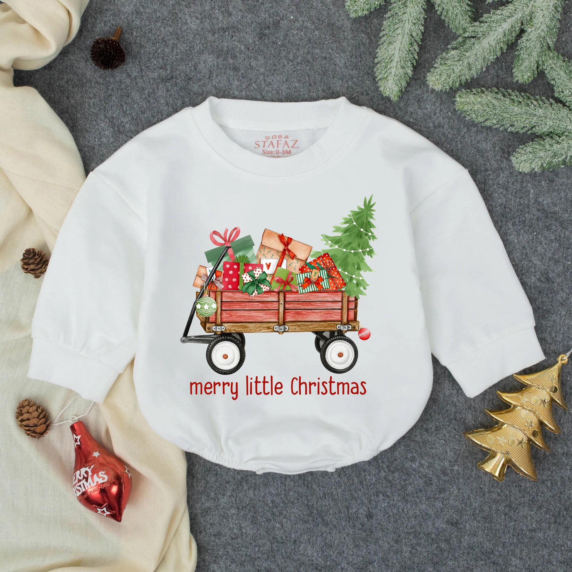 Merry Little Christmas Baby Bubble Romper with Red Wagon & Colorful Gifts Green Tree First Christmas Infant Outfit Toddler Festive Whimsical Hand-Drawn