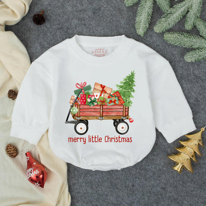 Merry Little Christmas Baby Bubble Romper with Red Wagon & Colorful Gifts Green Tree First Christmas Infant Outfit Toddler Festive Whimsical Hand-Drawn