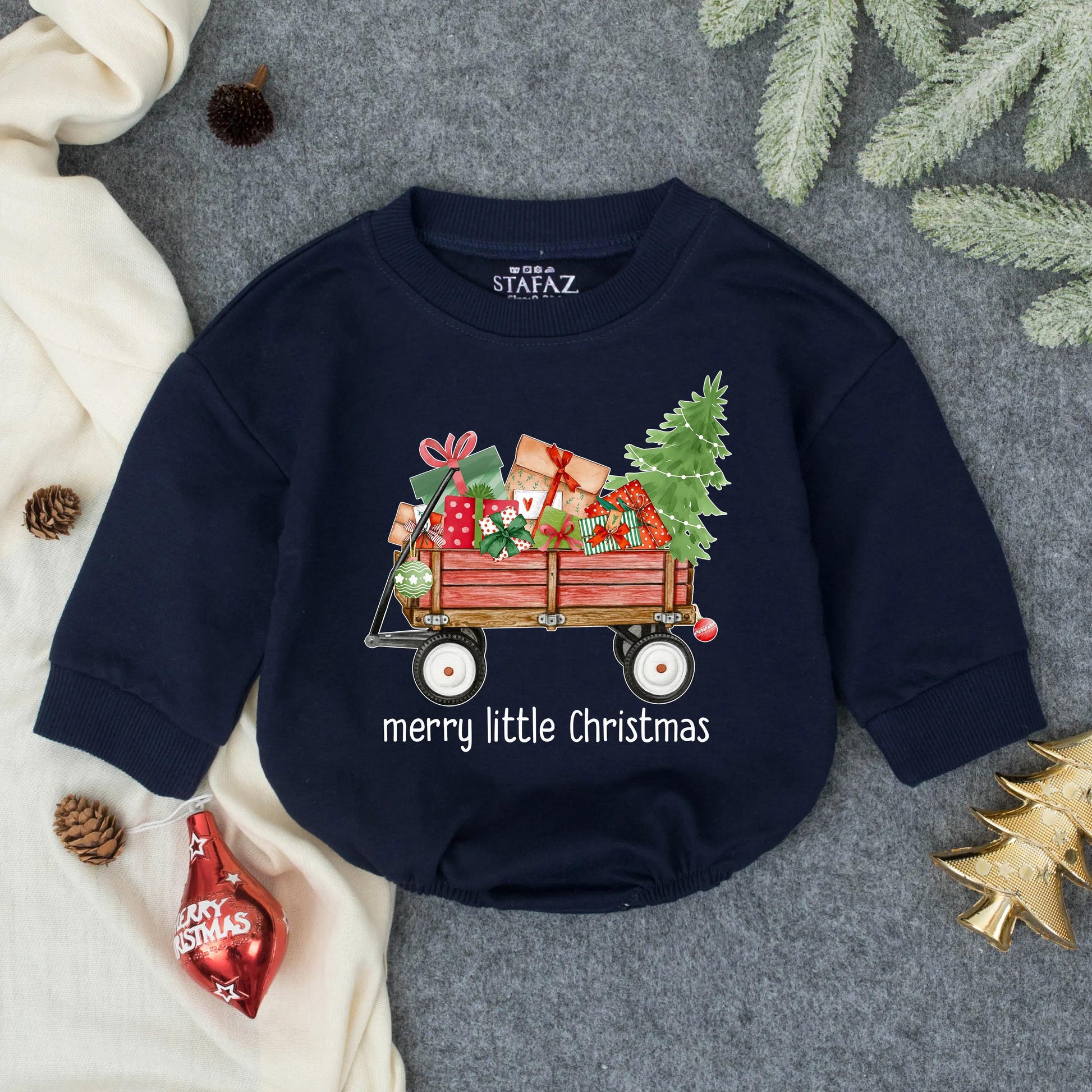Merry Little Christmas Baby Bubble Romper with Red Wagon & Colorful Gifts Green Tree First Christmas Infant Outfit Toddler Festive Whimsical Hand-Drawn