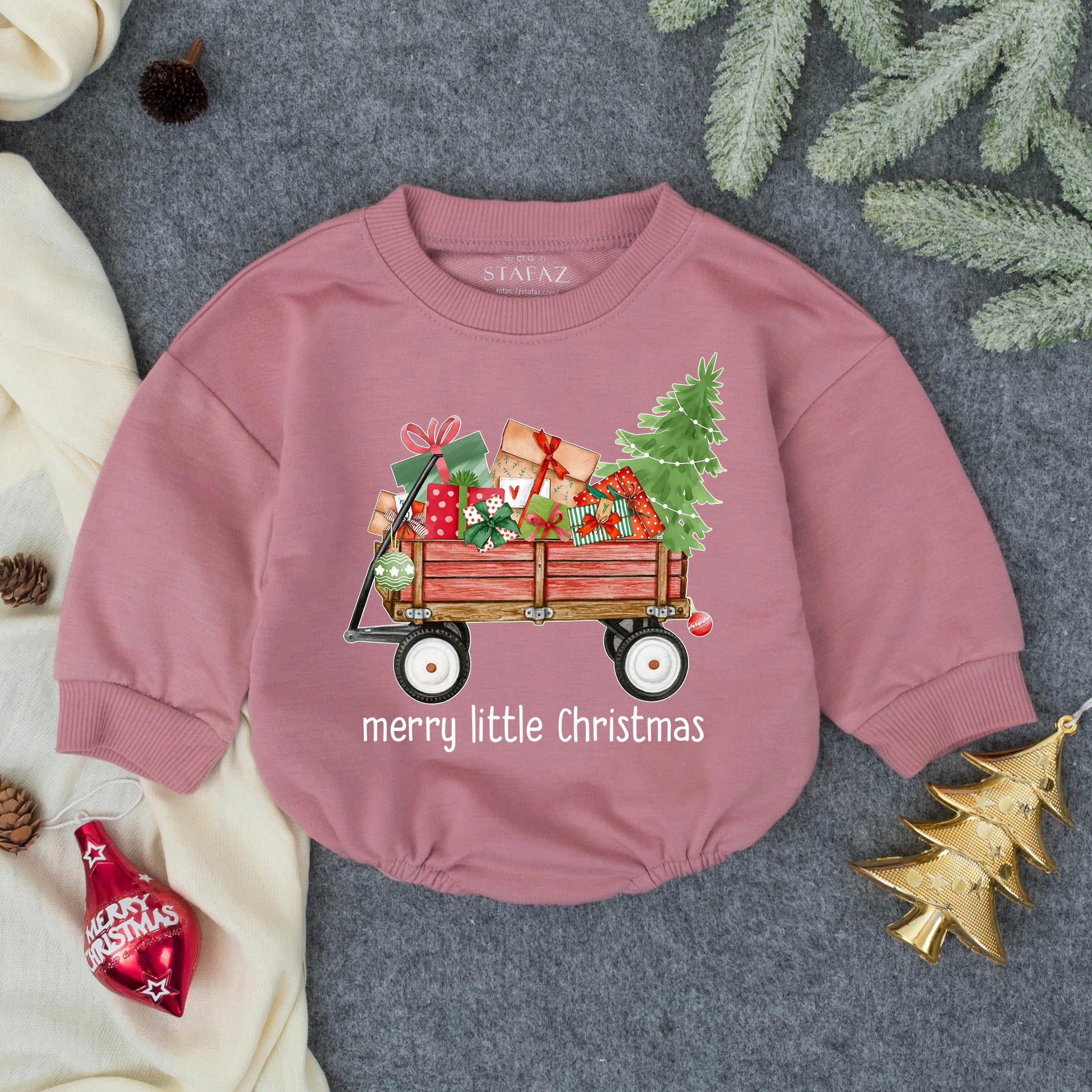 Merry Little Christmas Baby Bubble Romper with Red Wagon & Colorful Gifts Green Tree First Christmas Infant Outfit Toddler Festive Whimsical Hand-Drawn