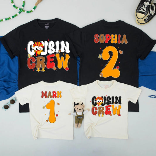 Thanksgiving Cousin Crew Matching Shirts Retro Turkey Design Playful Bubbly Font Personalized Name Family Outfits Kids Toddler Baby First Fall Holiday