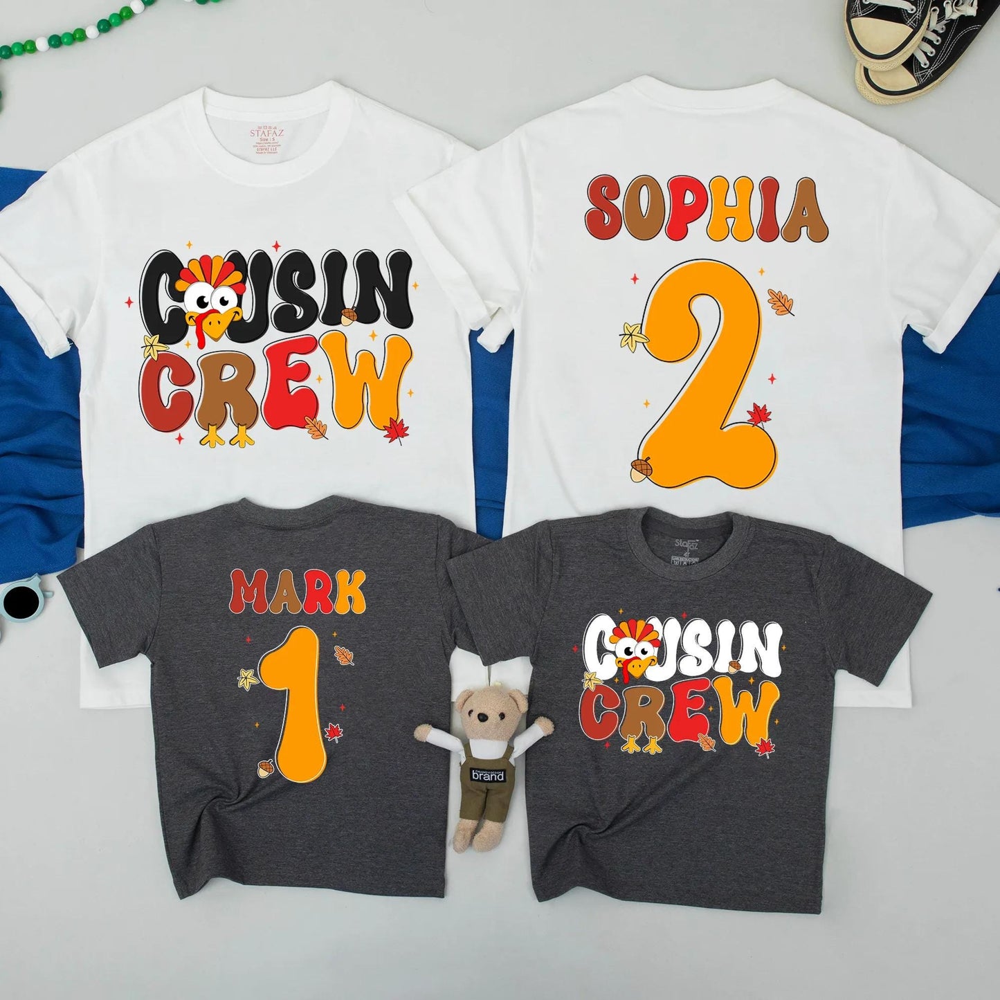 Thanksgiving Cousin Crew Matching Shirts Retro Turkey Design Playful Bubbly Font Personalized Name Family Outfits Kids Toddler Baby First Fall Holiday