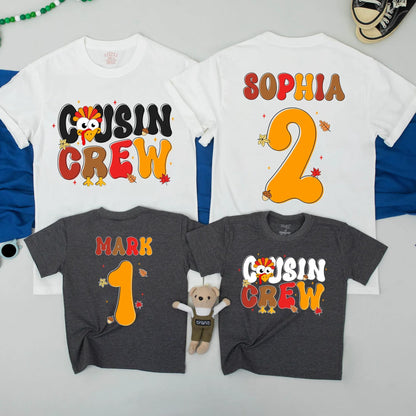 Thanksgiving Cousin Crew Matching Shirts Retro Turkey Design Playful Bubbly Font Personalized Name Family Outfits Kids Toddler Baby First Fall Holiday