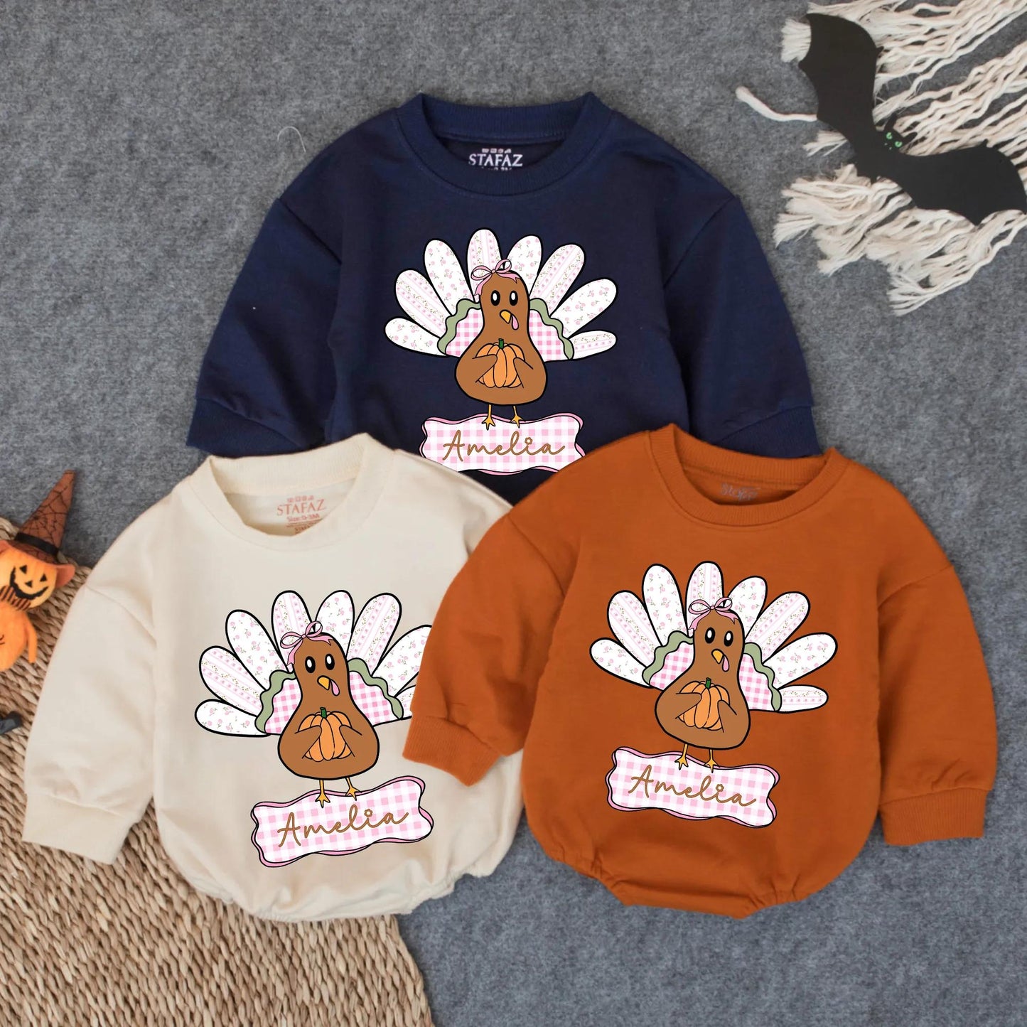 Custom Name Preppy Turkey Baby Bubble Romper Playful Cartoon Thanksgiving Infant Outfit Toddler Fall Clothes Newborn Turkey Day Gift