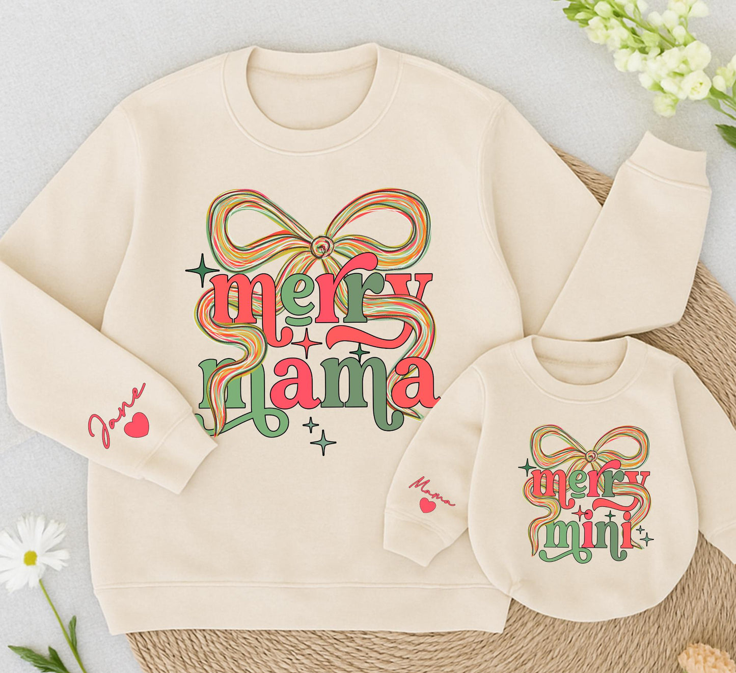 Merry Mama & Mini Matching Christmas Sweatshirts Personalized Jane & Daughter Girl Winter Outfit Gift