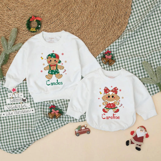 Personalized Gingerbread Christmas Romper: Camden & Caroline, Custom Holiday Outfit for Baby Girl Boy, Cute Xmas Sweatshirt, Matching Sibling Gift