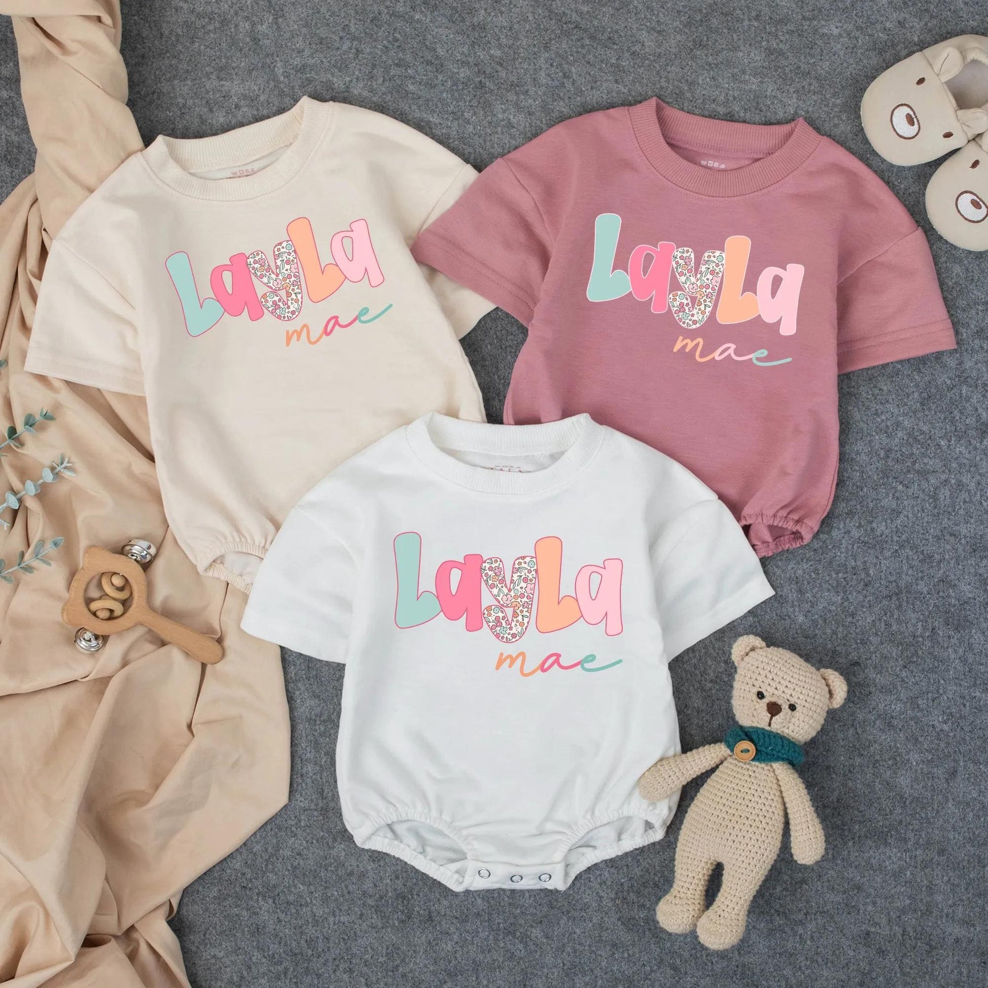 Custom Name Baby Romper Layla Mae Pastel Floral Toddler Bubble Bodysuit Minimalist Girl Birthday Gift