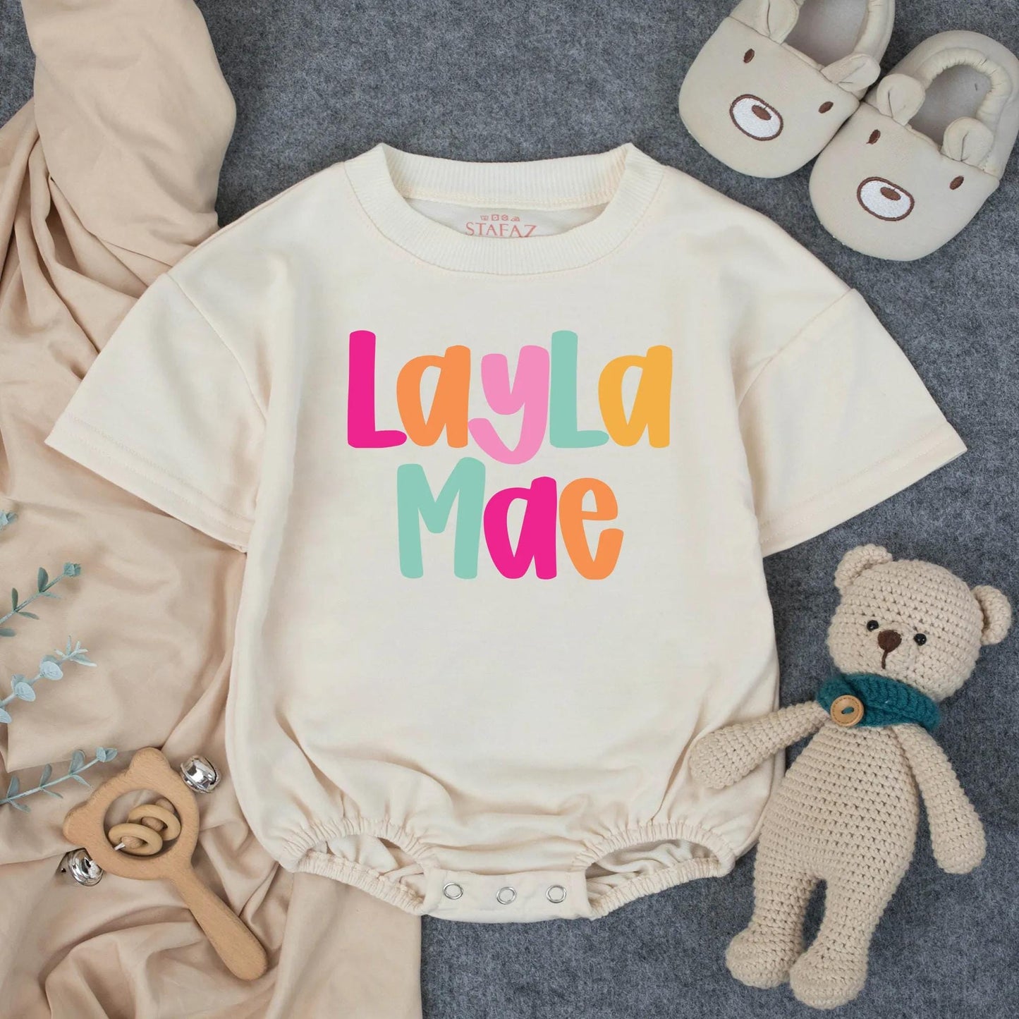 Personalized Name Baby Girl Romper Playful Bright Colorful Letters Birthday Bodysuit Infant Toddler Shower Gift Modern Cheerful Design