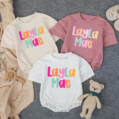 Personalized Name Baby Girl Romper Playful Bright Colorful Letters Birthday Bodysuit Infant Toddler Shower Gift Modern Cheerful Design