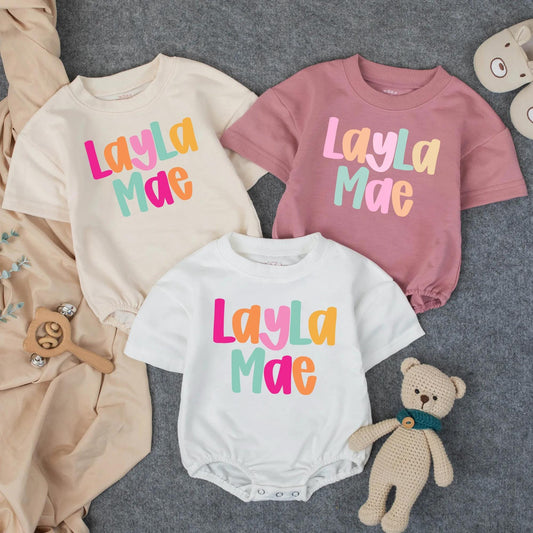 Personalized Name Baby Girl Romper Playful Bright Colorful Letters Birthday Bodysuit Infant Toddler Shower Gift Modern Cheerful Design