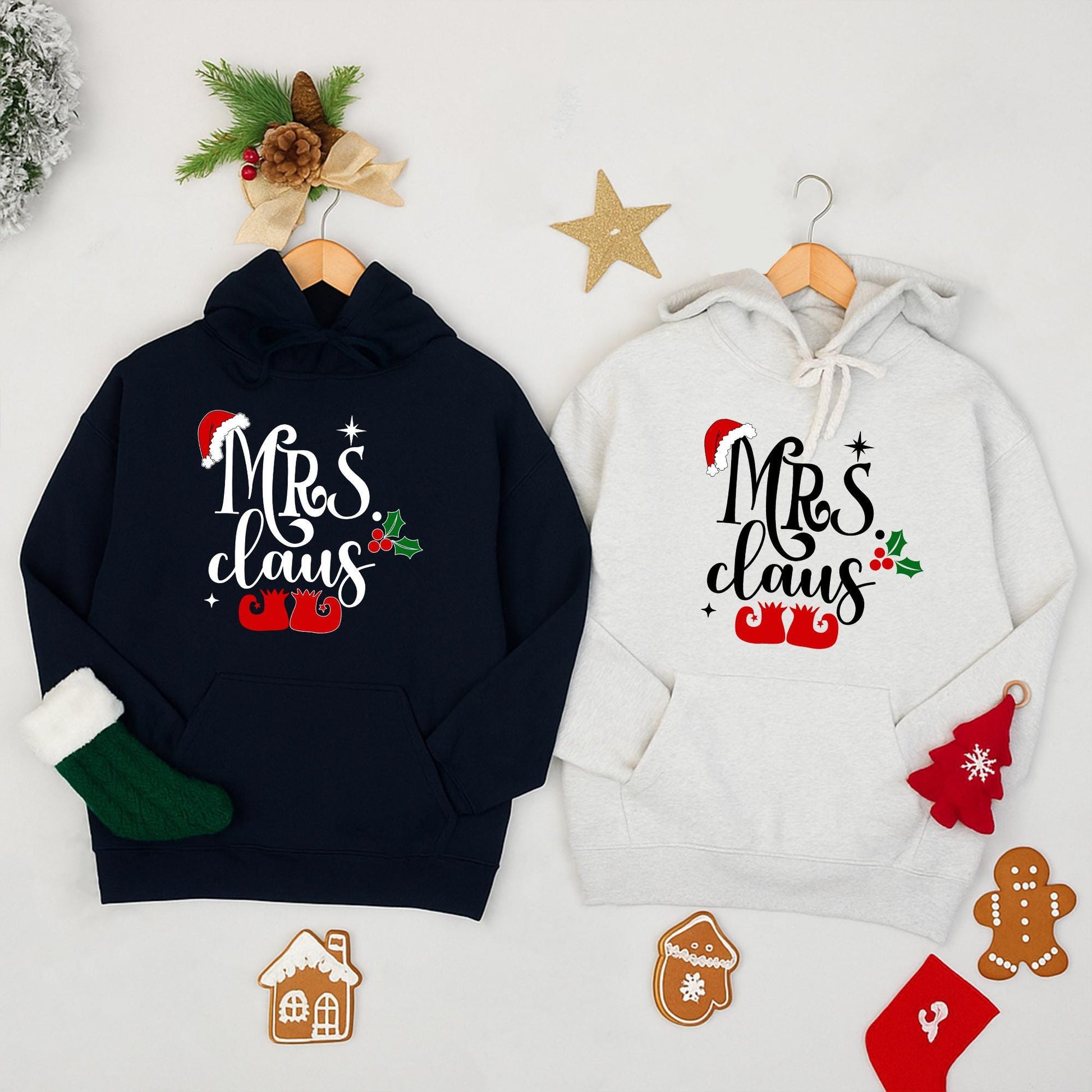 Mrs Claus and Mr Claus Matching Christmas Sweatshirts Festive Red Black Green Santa Hat Holly Elf Shoe Designs Couple Holiday Apparel