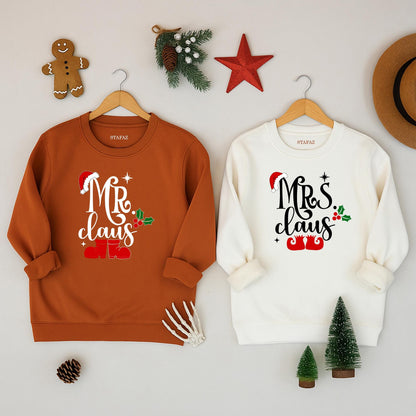 Mrs Claus and Mr Claus Matching Christmas Sweatshirts Festive Red Black Green Santa Hat Holly Elf Shoe Designs Couple Holiday Apparel