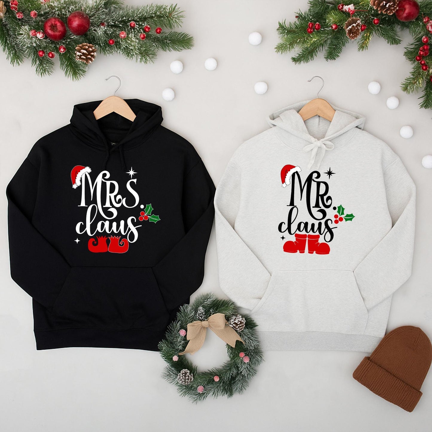 Mrs Claus and Mr Claus Matching Christmas Sweatshirts Festive Red Black Green Santa Hat Holly Elf Shoe Designs Couple Holiday Apparel