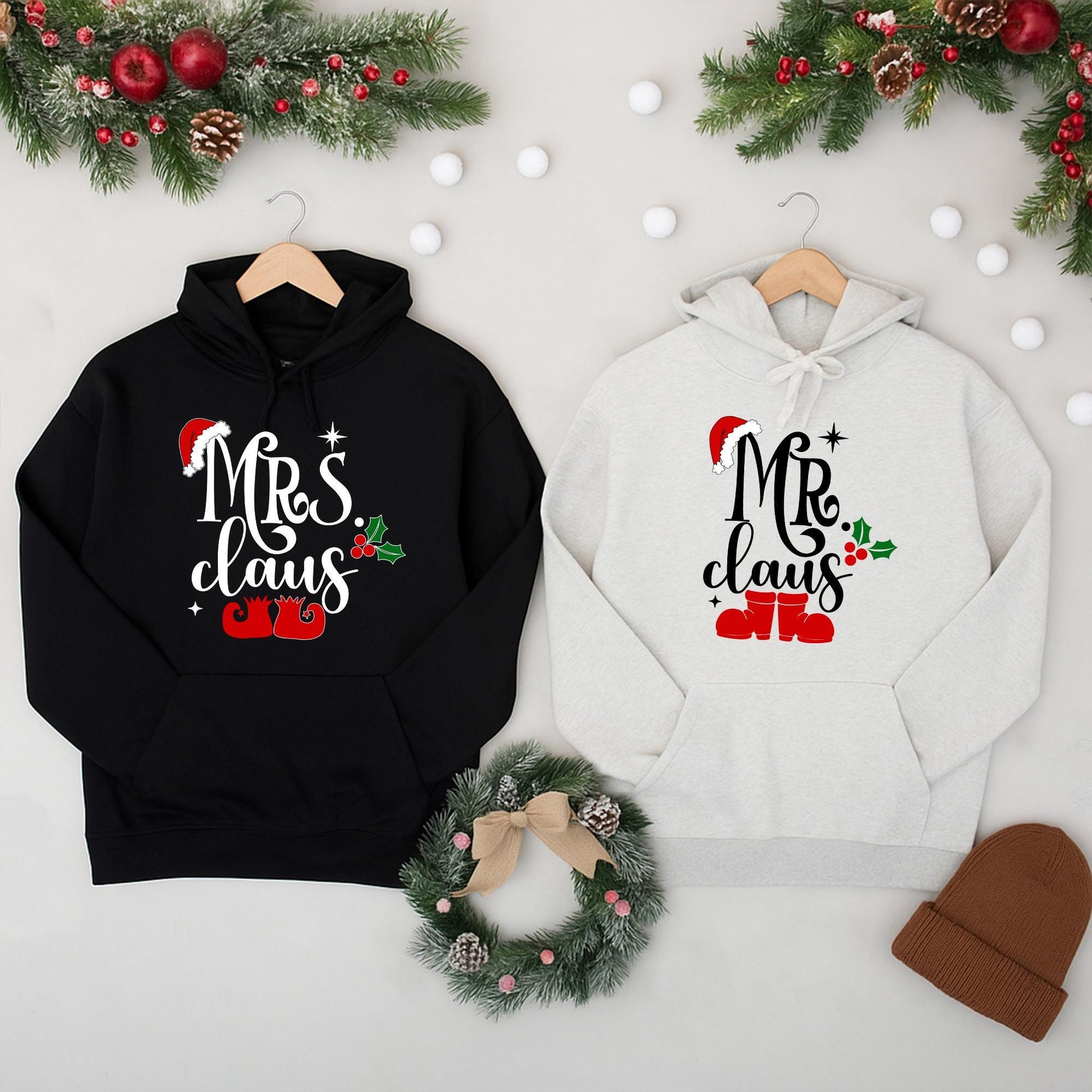 Mrs Claus and Mr Claus Matching Christmas Sweatshirts Festive Red Black Green Santa Hat Holly Elf Shoe Designs Couple Holiday Apparel