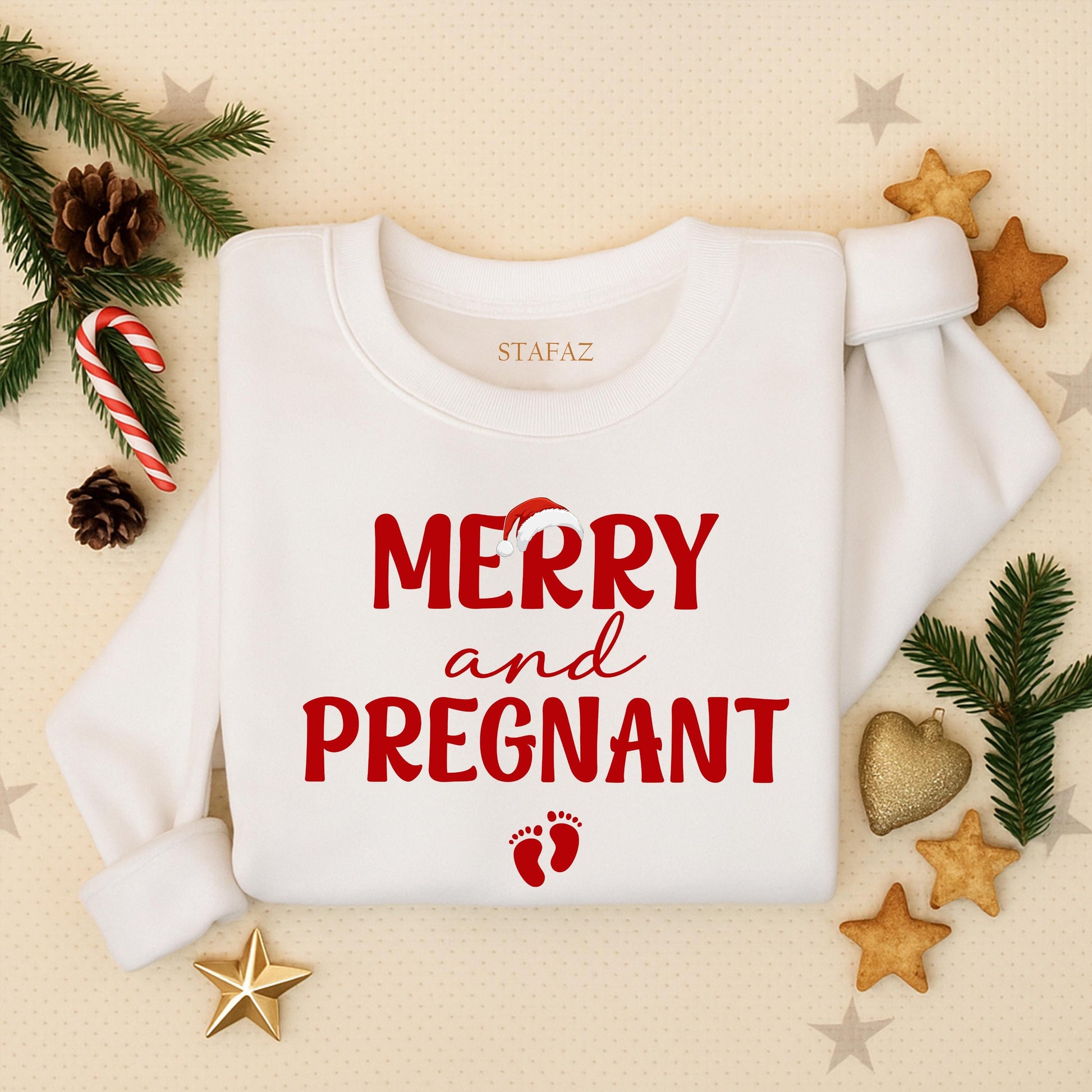 Merry and Pregnant Christmas Sweatshirt: Festive Holiday Pregnancy Announcement!  Comfy Xmas Outfit for Expecting Moms, Cute Baby Footprints Design, Red Lettering (138 chars)