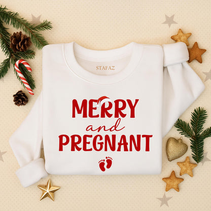 Merry and Pregnant Christmas Sweatshirt: Festive Holiday Pregnancy Announcement!  Comfy Xmas Outfit for Expecting Moms, Cute Baby Footprints Design, Red Lettering (138 chars)