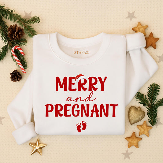 Merry and Pregnant Christmas Sweatshirt: Festive Holiday Pregnancy Announcement!  Comfy Xmas Outfit for Expecting Moms, Cute Baby Footprints Design, Red Lettering (138 chars)