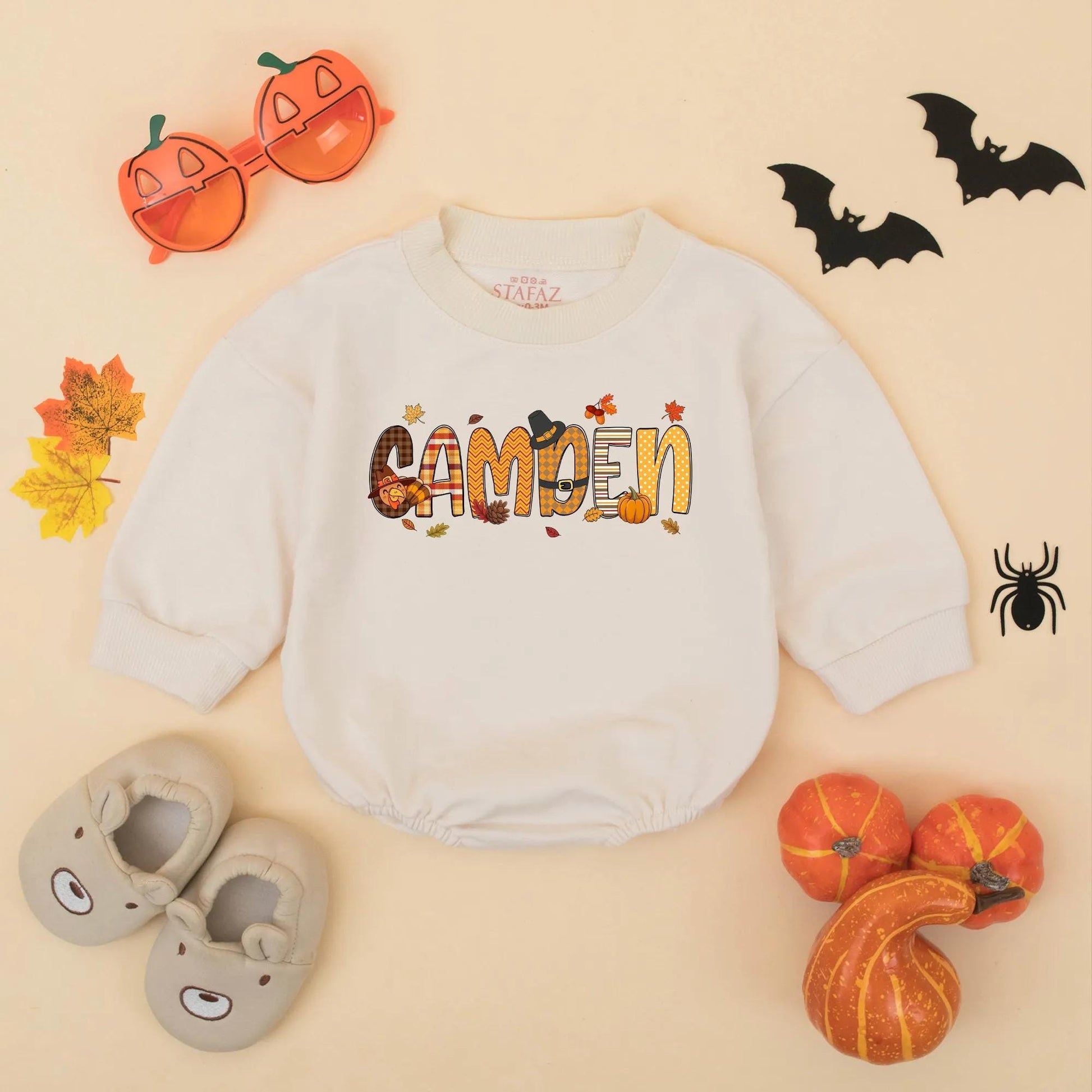 Custom Name My First Thanksgiving Baby Romper with Autumn Turkey Pumpkin Plaid CAMDEN Design Fall Toddler Sweatshirt Bodysuit Gift