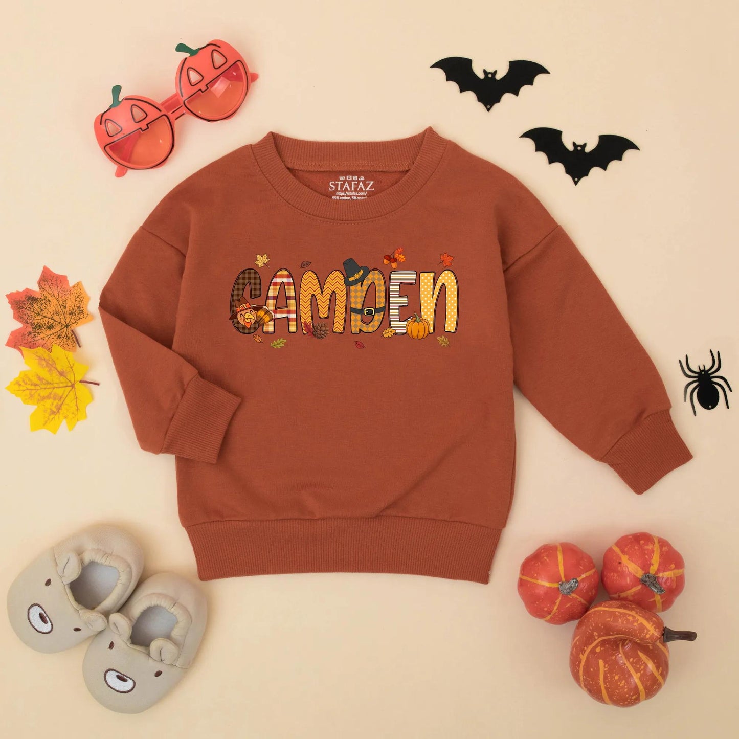Custom Name My First Thanksgiving Baby Romper with Autumn Turkey Pumpkin Plaid CAMDEN Design Fall Toddler Sweatshirt Bodysuit Gift