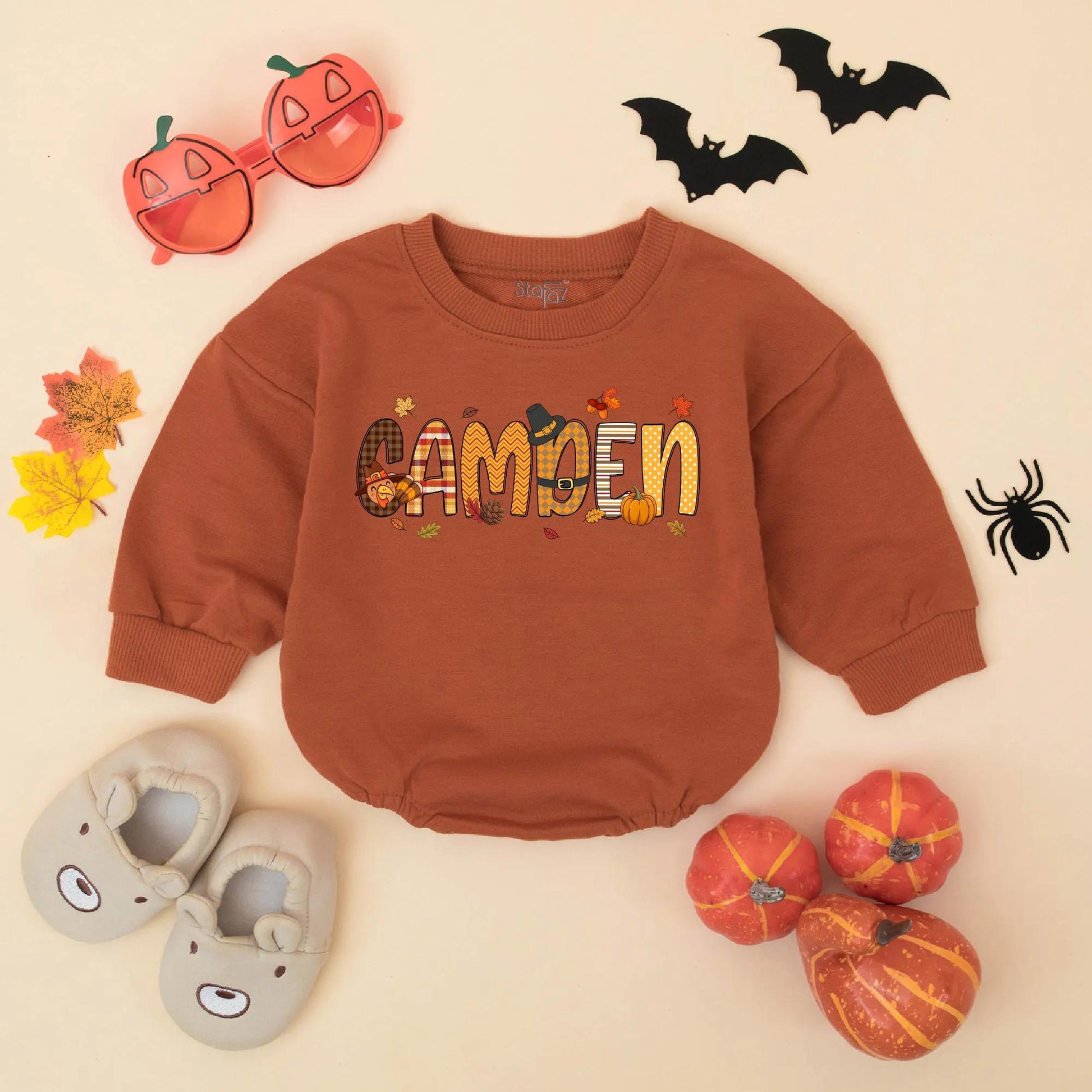 Custom Name My First Thanksgiving Baby Romper with Autumn Turkey Pumpkin Plaid CAMDEN Design Fall Toddler Sweatshirt Bodysuit Gift