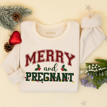 Merry and Pregnant Christmas Announcement Sweatshirt Festive Baby Reveal Crewneck Sweater for Expectant Mom Funny Xmas Maternity Gift