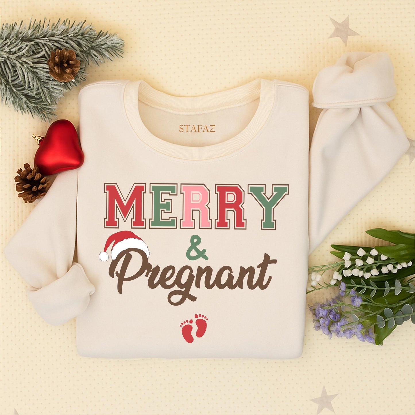 Merry & Pregnant Christmas Maternity Sweater, Funny Expecting Mom Outfit with Santa Hat, Cute Holiday Pregnancy Announcement Xmas Gift for Mom-to-Be 138