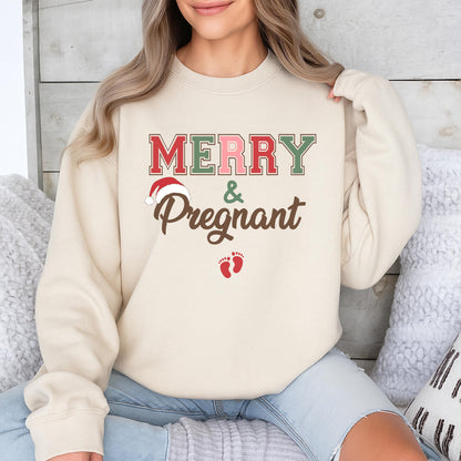 Merry & Pregnant Christmas Maternity Sweater, Funny Expecting Mom Outfit with Santa Hat, Cute Holiday Pregnancy Announcement Xmas Gift for Mom-to-Be 138