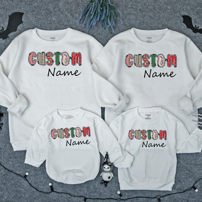 Retro Christmas Custom Name Bubble Romper Festive Plaid & Sweater Patterns Personalized Xmas Family Outfit Toddler Girl First Christmas Gift