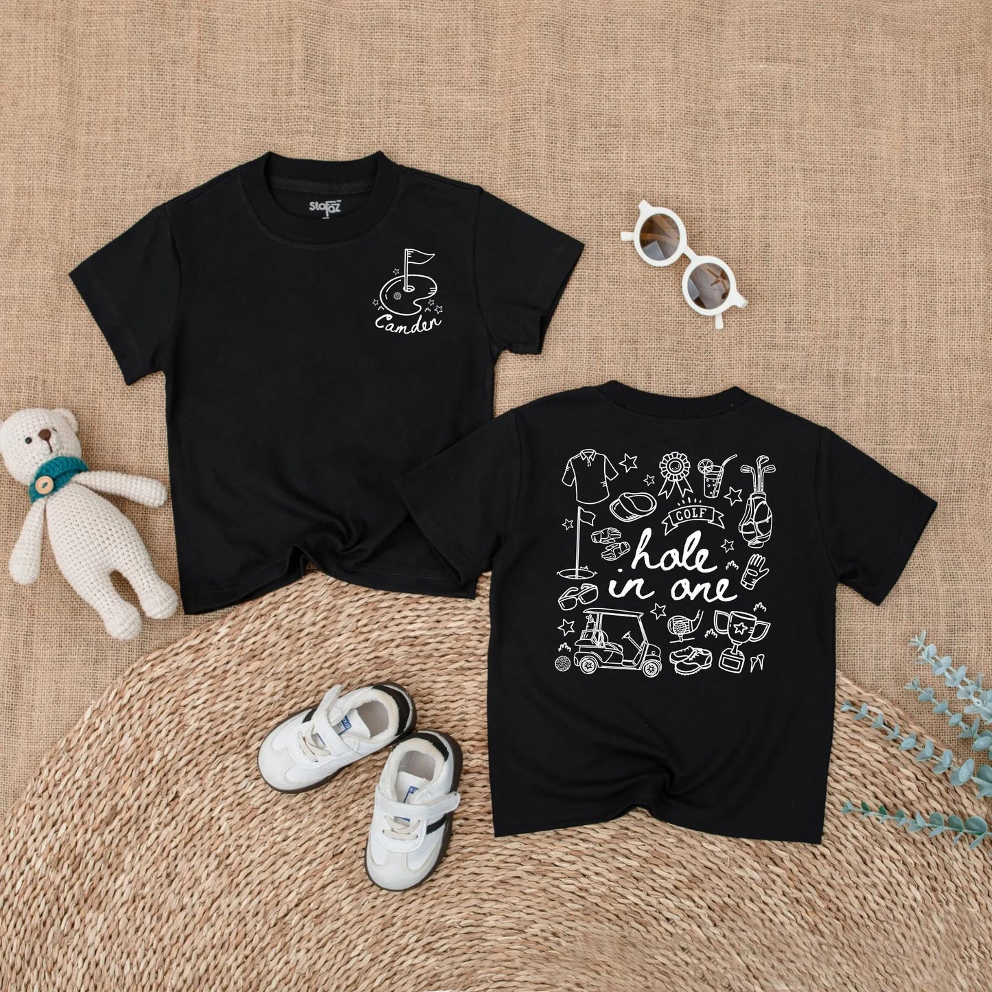 Personalized Golf Hole in One Baby Boy Romper First Birthday Bodysuit whimsical flag cart club trophy design one year old gift