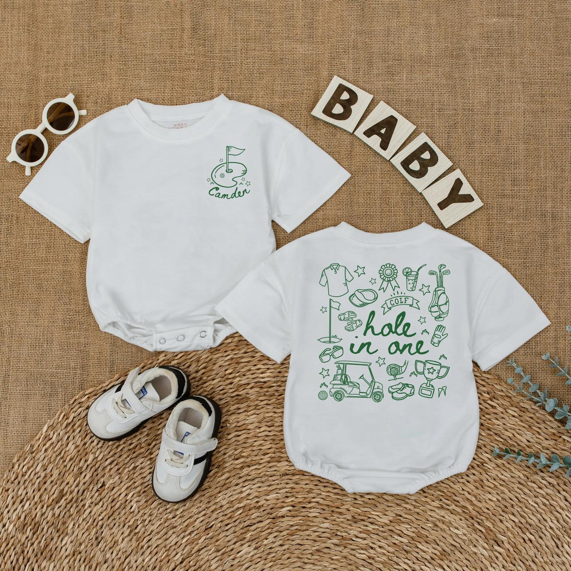 Personalized Golf Hole in One Baby Boy Romper First Birthday Bodysuit whimsical flag cart club trophy design one year old gift