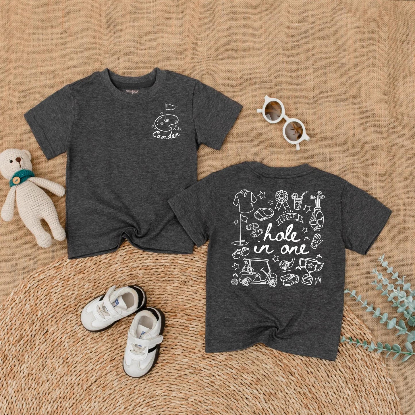 Personalized Golf Hole in One Baby Boy Romper First Birthday Bodysuit whimsical flag cart club trophy design one year old gift