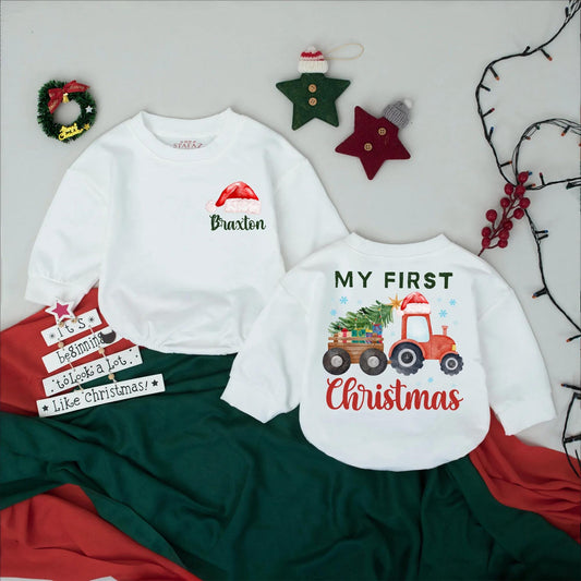 Personalized Baby's 1st Christmas Romper, Vintage Tractor Xmas Outfit, Custom Name, Red Santa Hat Bodysuit, Infant Clothes, Cute Holiday Gift 138