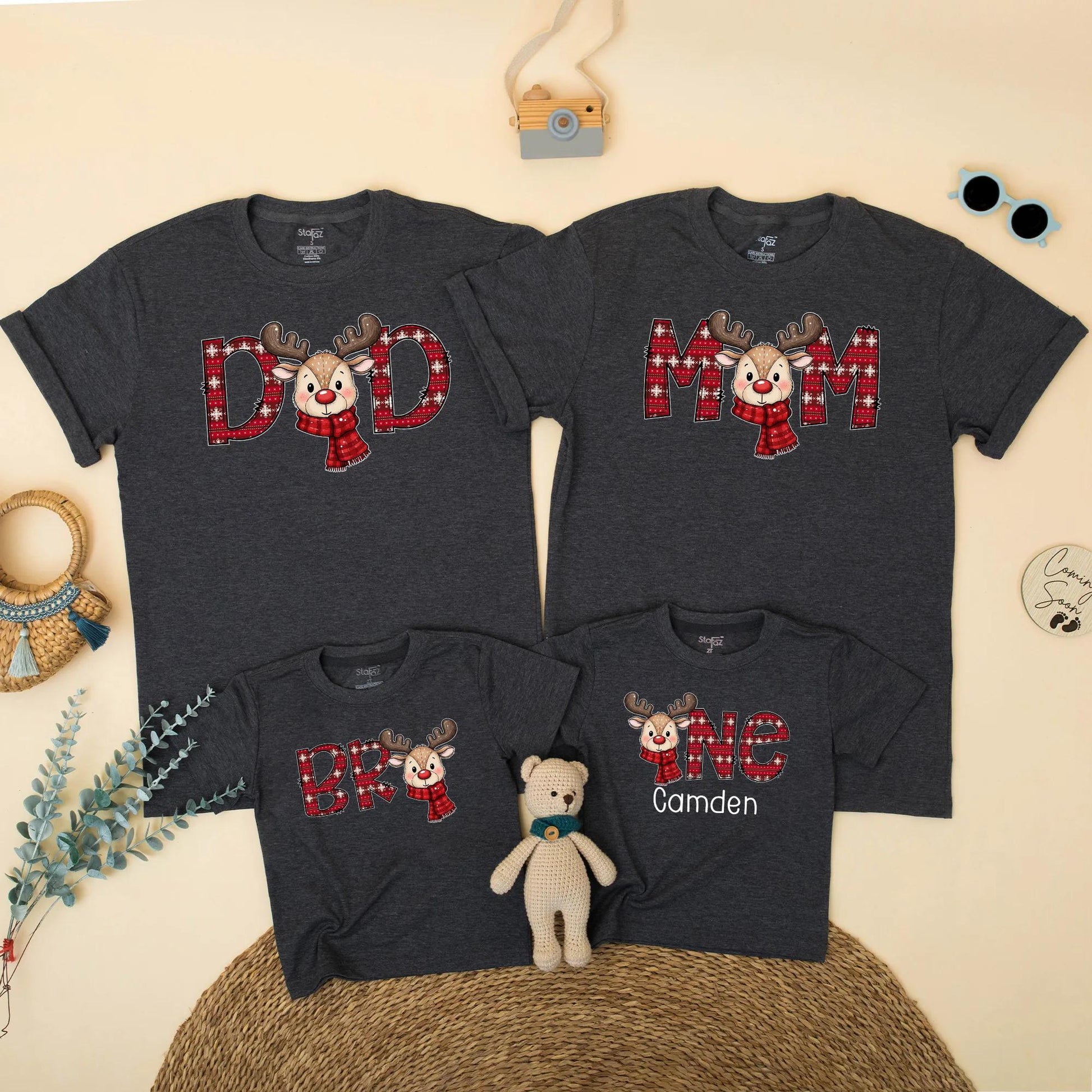 Reindeer Family Christmas Shirts, Plaid First Birthday Outfit, Matching Holiday Xmas Party Tee, Baby One Year Old Gift, Cheerful Red & Green
