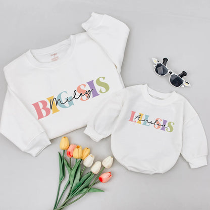 Custom Big Sis Lil Sis Matching Shirts with Names Playful Pastel Colors Sibling Set New Baby Announcement Gift Soft Cotton Girl