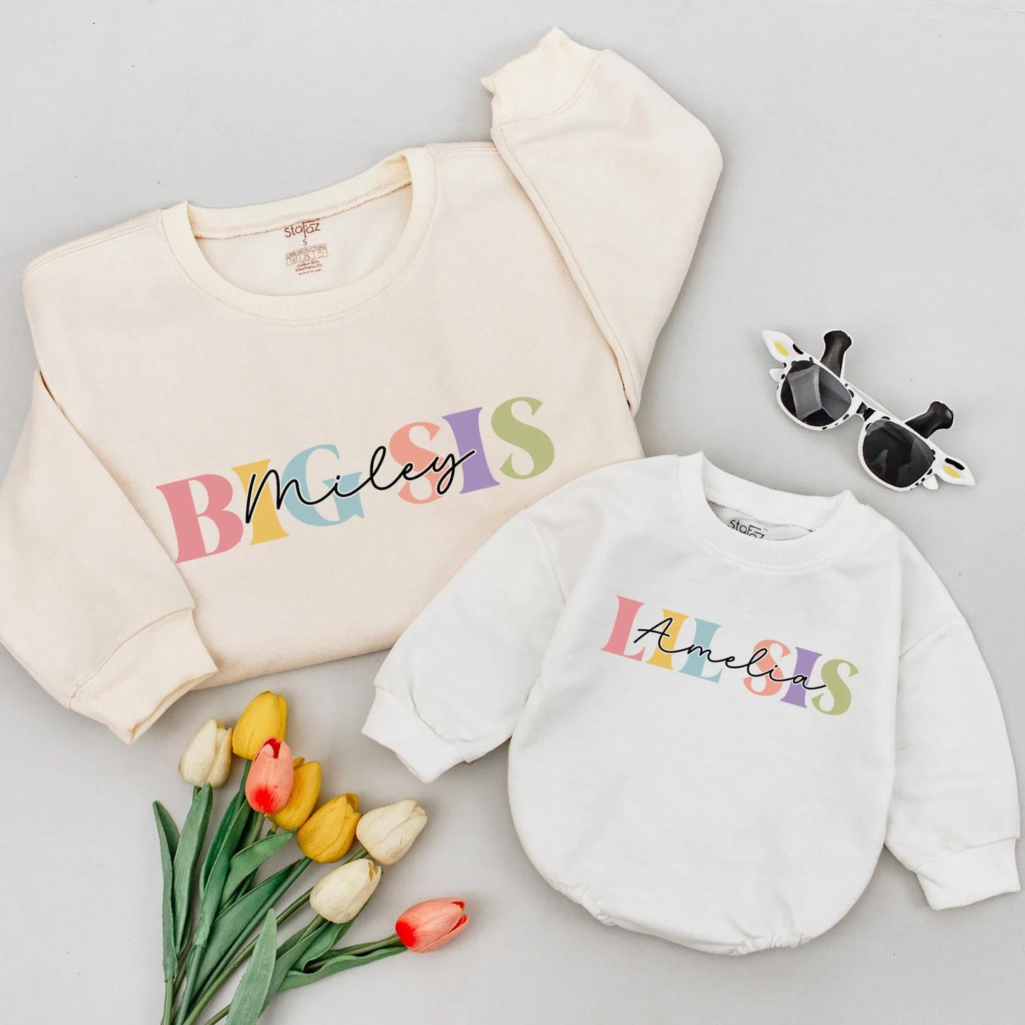Custom Big Sis Lil Sis Matching Shirts with Names Playful Pastel Colors Sibling Set New Baby Announcement Gift Soft Cotton Girl