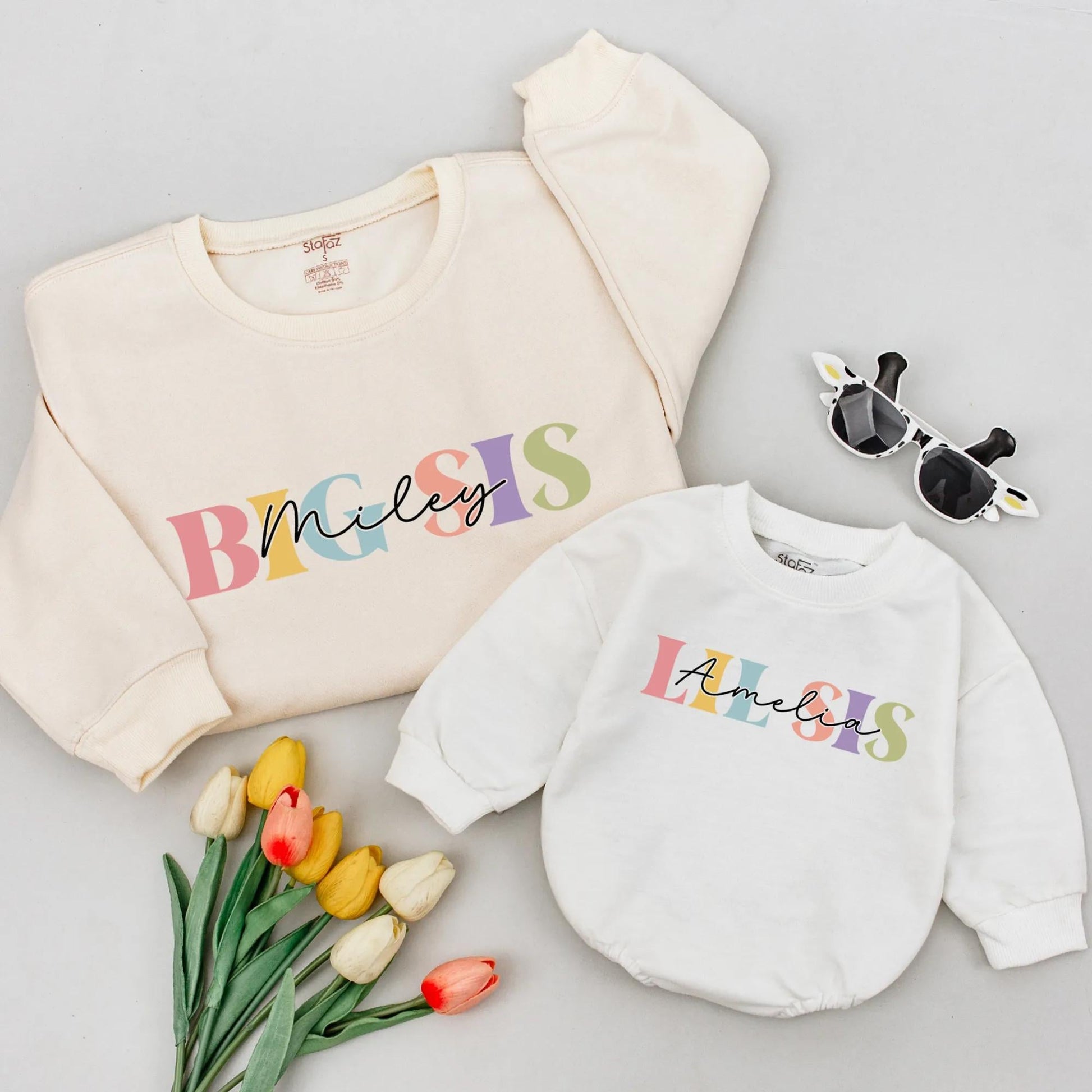 Custom Big Sis Lil Sis Matching Shirts with Names Playful Pastel Colors Sibling Set New Baby Announcement Gift Soft Cotton Girl