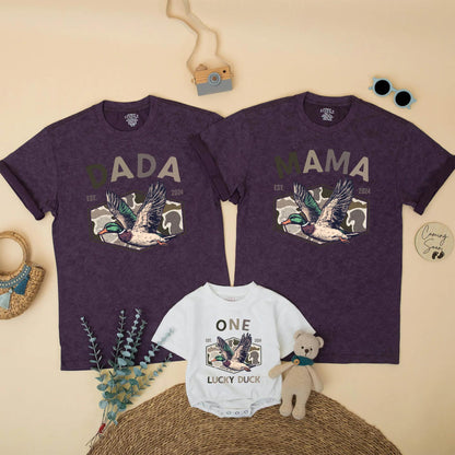 Dada Mama One Lucky Duck 1st Birthday Matching Shirts Family Hunting Camo Mallard Design Rustic Boy Party Outfit EST 2024