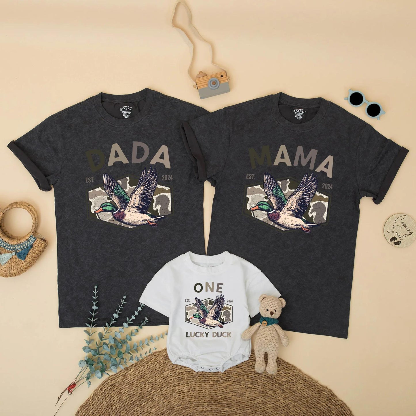 Dada Mama One Lucky Duck 1st Birthday Matching Shirts Family Hunting Camo Mallard Design Rustic Boy Party Outfit EST 2024