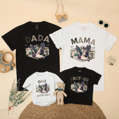 Dada Mama One Lucky Duck 1st Birthday Matching Shirts Family Hunting Camo Mallard Design Rustic Boy Party Outfit EST 2024