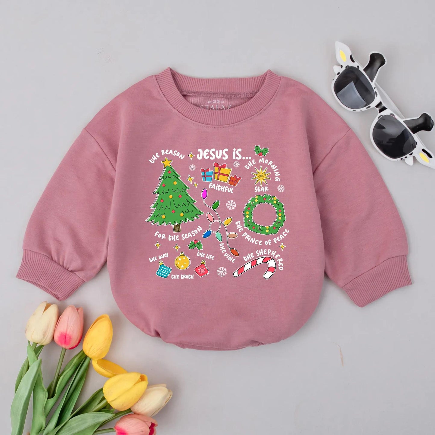 Jesus is the Reason Romper Christian Christmas Bodysuit Whimsical Nativity Baby Outfit Bright Colors Snowflake Stars Newborn Gift Jesus Prince of Peace Faith