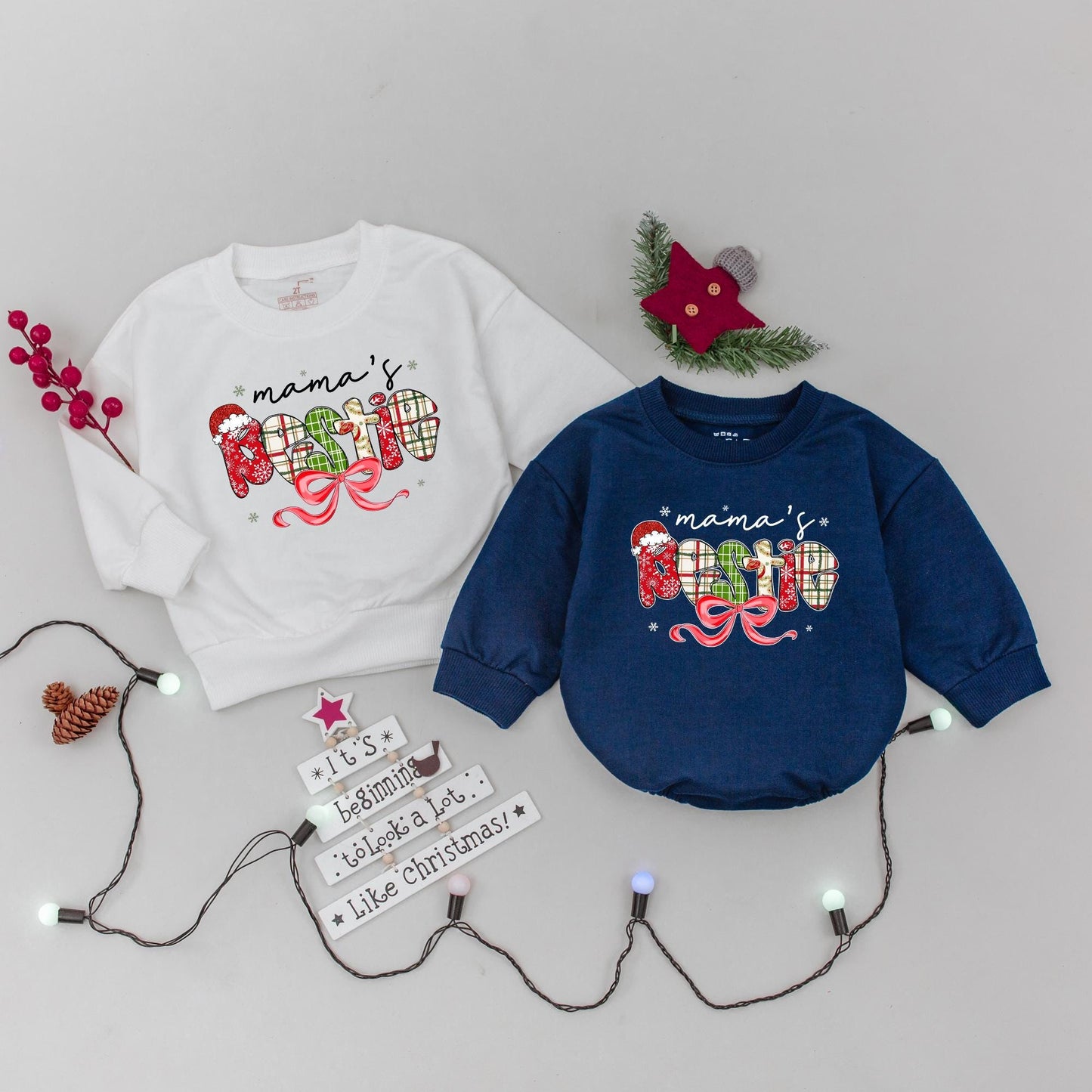 Matching Mama & Bestie Christmas Sweaters Family Xmas Outfits | Personalized Festive Holiday Sweatshirts for Mom & Baby Girl