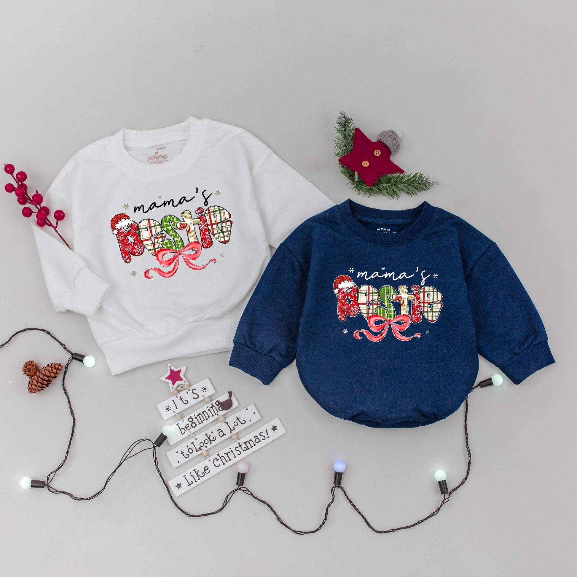 Matching Mama & Bestie Christmas Sweaters Family Xmas Outfits | Personalized Festive Holiday Sweatshirts for Mom & Baby Girl